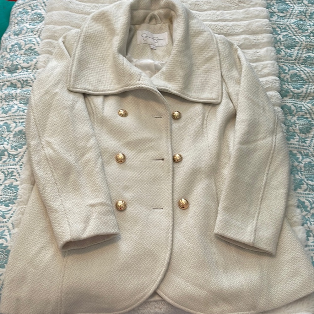 Gorgeous Wool Ivory Jessica Simpson coat with gold buttons.